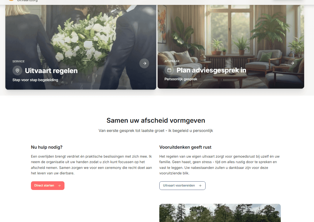 Schermafbeelding van de website met dienstenblokken en warme designtaal